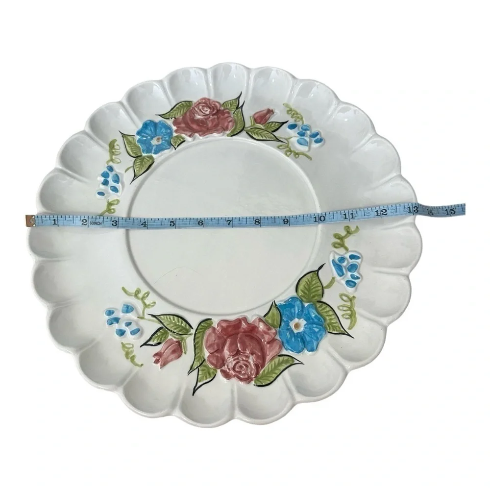 Vintage Ceramic California Floral Pink Rose Platter 13 Inches Scalloped Edges